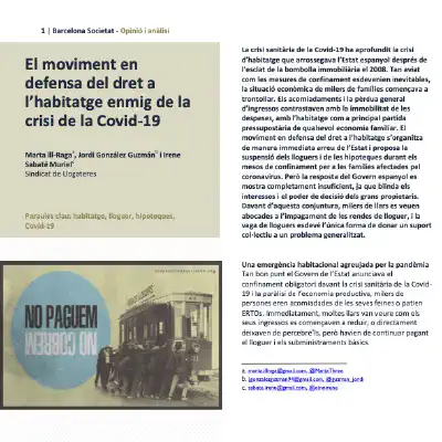 El moviment en defensa del dret a l’habitatge enmig de la crisi de la Covid-19
