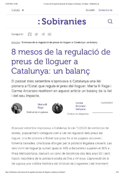 8 mesos de la regulació de preus de lloguer a Catalunya: un balanç