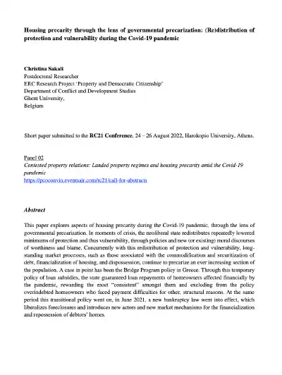 Housing precarity through the lens of governmental precarization: (Re)distribution of protection and vulnerability during the Covid-19 pandemic