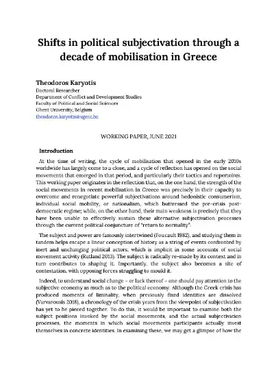 Shifts in political subjectivation through a decade of mobilisation in Greece